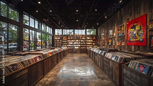 Modern record store interior with city view