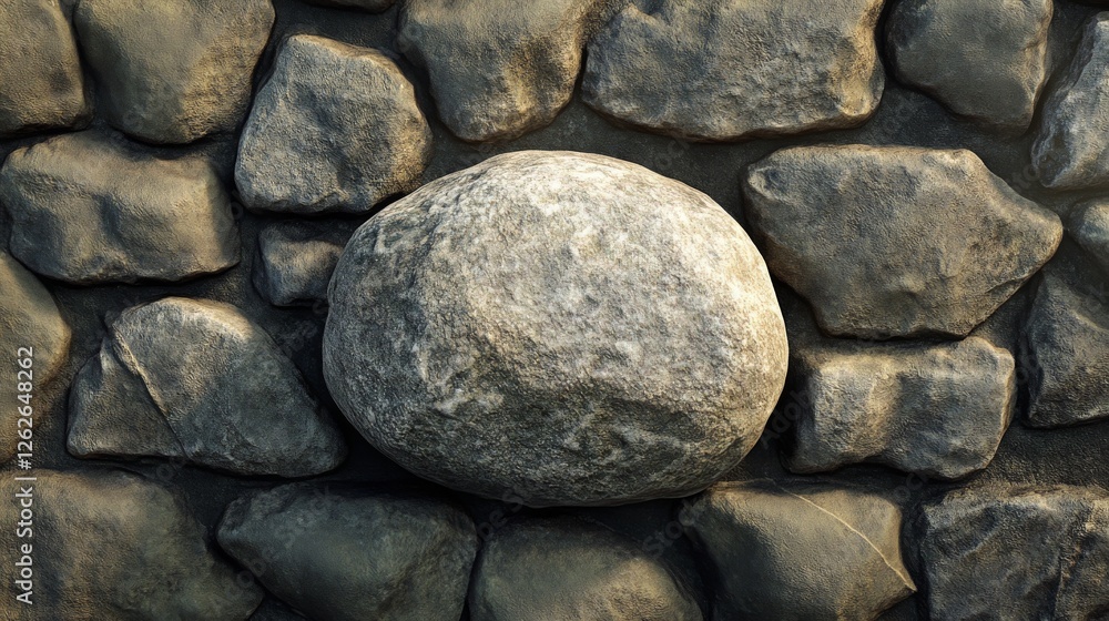 Stones arranged in wall formation with a central large round rock Stones arranged in wall formation with a central large round rock
