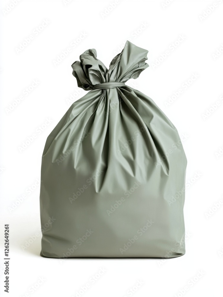Green garbage bag tied at the top, ideal for waste disposal Green garbage bag tied at the top, ideal for waste disposal
