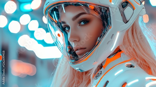 StockA close-up portrait highlighting a futuristic woman in a helmet with neon lighting effects photo