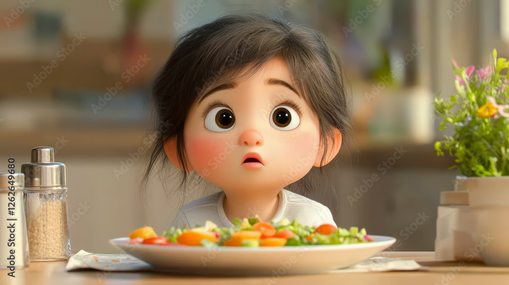 Discover delightful family mealtime moments with adorable animated toddler enjoying a colorful, healthy salad in a cozy kitchen. Discover delightful family mealtime moments with adorable animated toddler enjoying a colorful, healthy salad in a cozy kitchen.