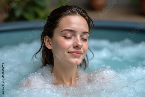 Obraz na płótnie Relaxed Woman in a Hot Tub with Bubbles w salonie
