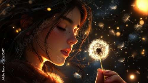 Woman holding a dandelion while surrounded by glowing lights in a serene, magical atmosphere at twilight