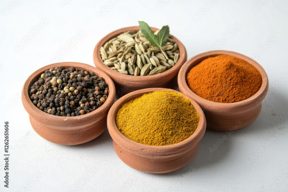 Assortment of Aromatic Spices in Terracotta Bowls Fennel Seeds, Peppercorns, Turmeric Powder, and Paprika