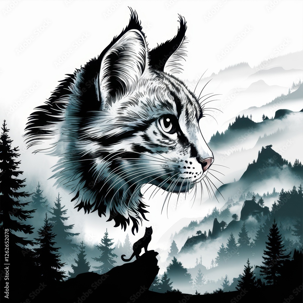 Obraz premium Majestic lynx head silhouette against misty mountain landscape