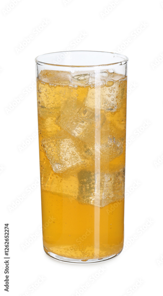 Sweet soda water with ice cubes in glass isolated on white Sweet soda water with ice cubes in glass isolated on white