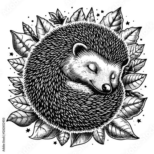 Hedgehog sleep on leaf engraving black and white outline. Scratch board imitation.
