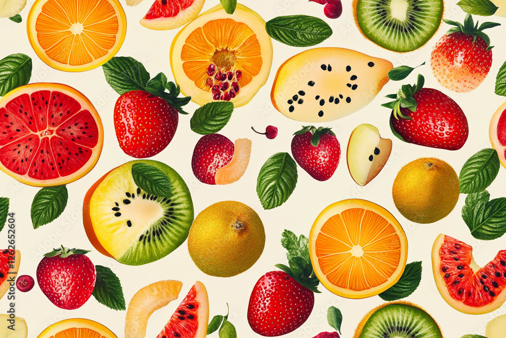 Bright and saturated fruits forming a beautiful pattern for a summer clothing collection, textures, patterns Bright and saturated fruits forming a beautiful pattern for a summer clothing collection, textures, patterns