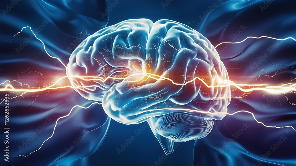 Human brain digital illustration. Electrical activity, flashes and lightning on a blue background. Digital Illustration of the Human Brain. Human brain digital illustration. Electrical activity, flashes and lightning on a blue background. Digital Illustration of the Human Brain.