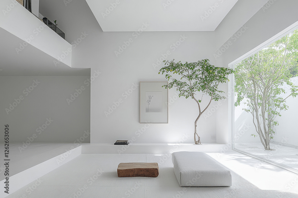Fototapeta premium Minimalist interior with cozy armchair, blank canvas, and natural light from large windows