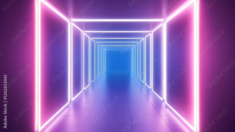 Neon-lit corridor with vibrant pink and blue lights creating a futuristic atmosphere Neon-lit corridor with vibrant pink and blue lights creating a futuristic atmosphere