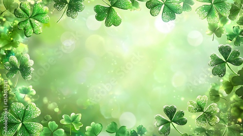 St Patrick s Day banner with soft green gradient background, decorative clovers framing the bottom, a subtle shimmer effect from a light source, clean white space in the center for text, cheerful and