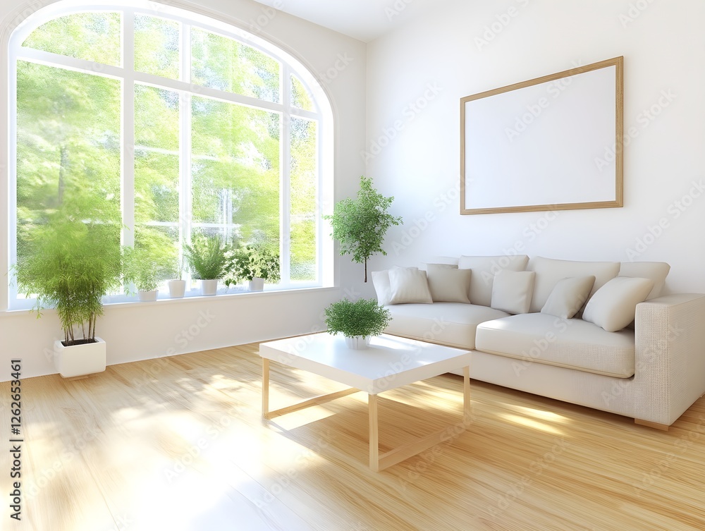 Fototapeta premium Serene Minimalist Living Room: Sunlight streams through an arched window, illuminating a beige sofa and potted plants.