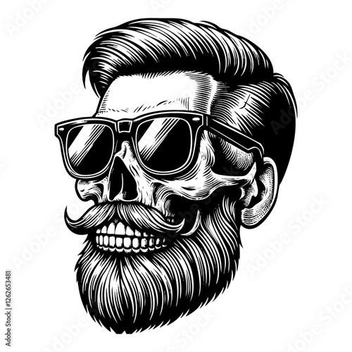 Skull beard hipster engraving black and white outline. Scratch board imitation.
