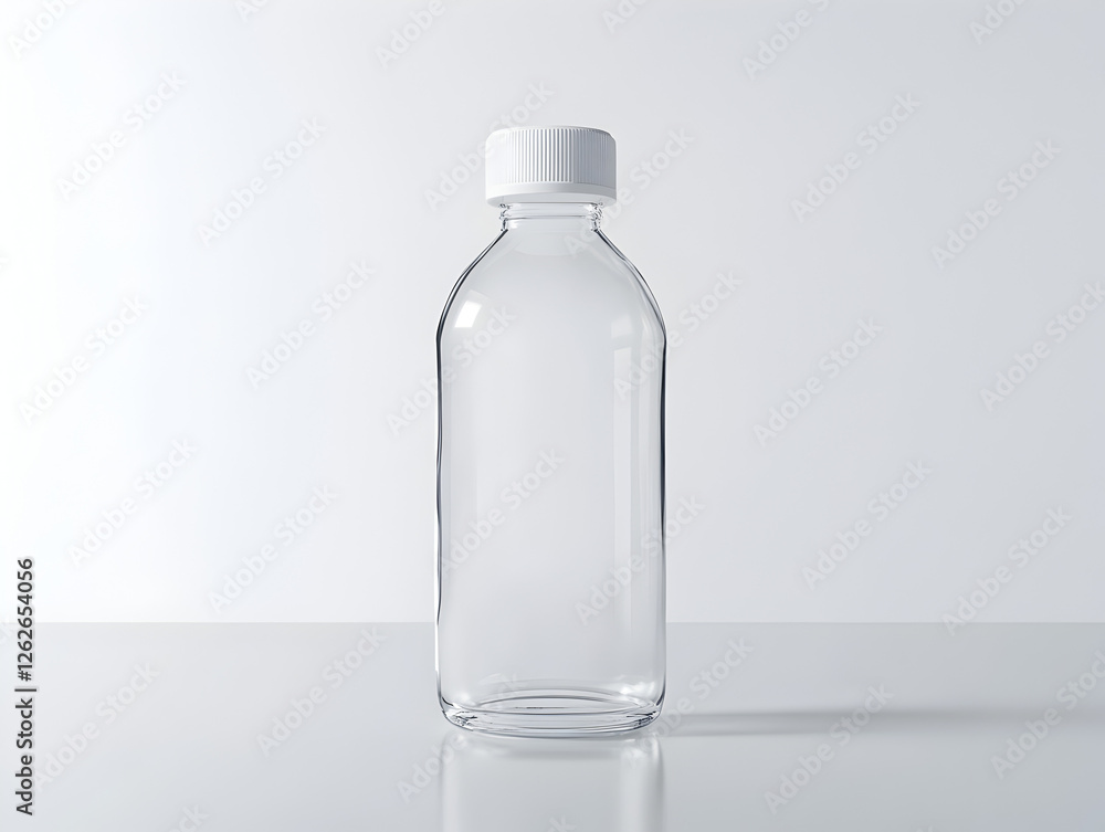 Empty Clear Glass Bottle Standing on a Reflective Surface with Soft Lighting for Product Design and Branding Concepts Empty Clear Glass Bottle Standing on a Reflective Surface with Soft Lighting for Product Design and Branding Concepts