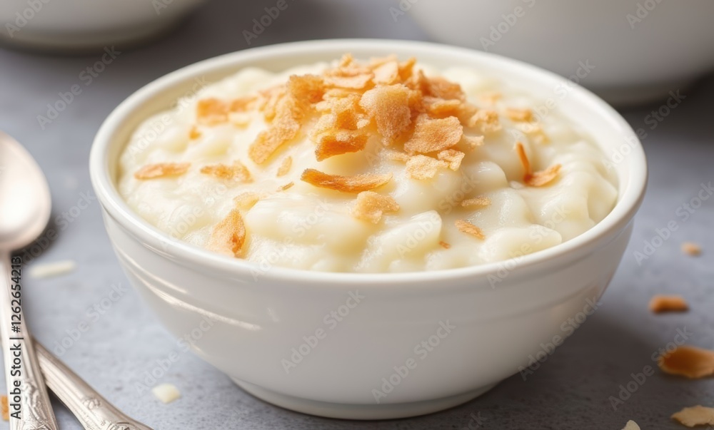 Delicious creamy rice pudding with toppings Delicious creamy rice pudding with toppings
