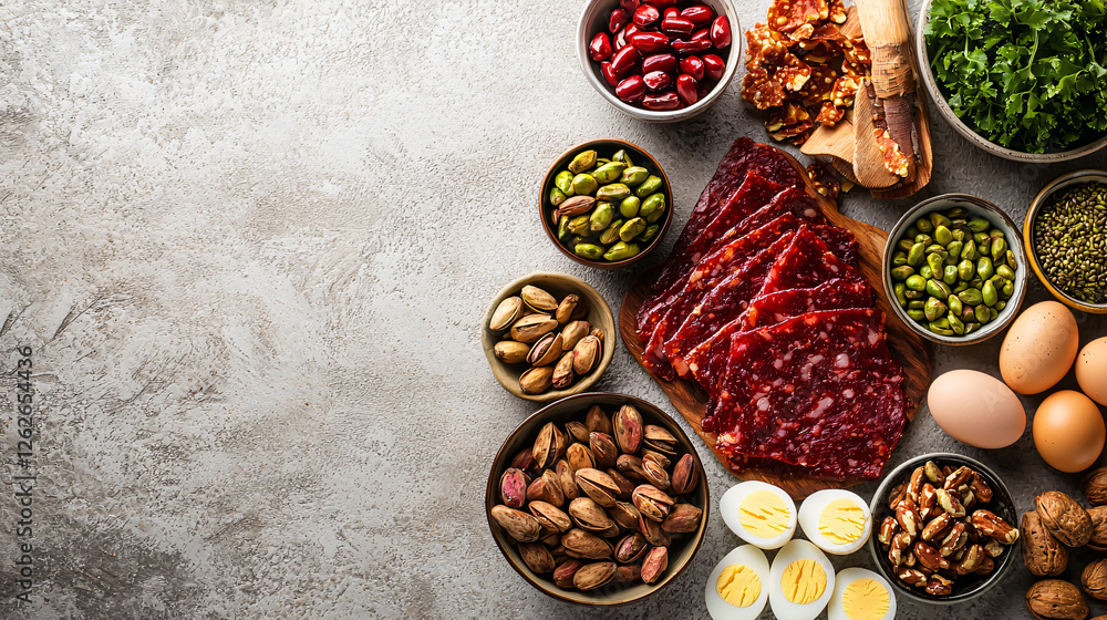 A modern composition of protein-rich snacks like jerky, pistachios, and hard-boiled eggs displayed on a neutral-toned background. A modern composition of protein-rich snacks like jerky, pistachios, and hard-boiled eggs displayed on a neutral-toned background.