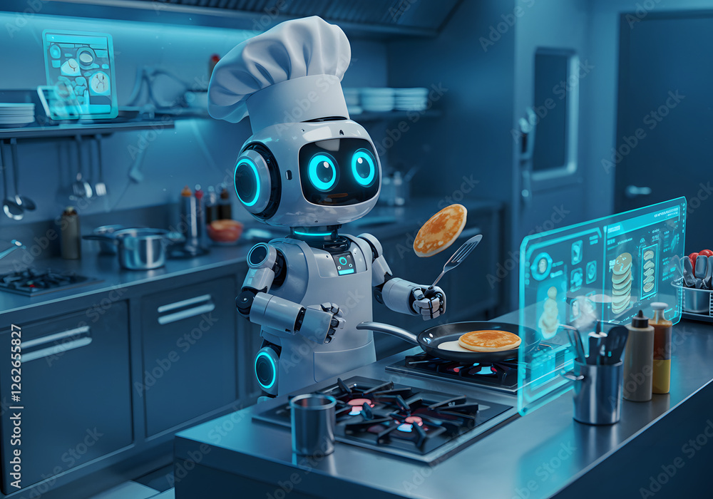 Fototapeta premium Robot Chef – AI in the Kitchen Wearing Apron & Chef’s Hat