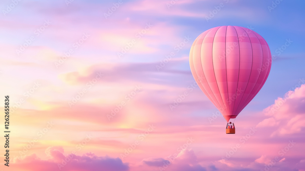 Obraz premium Pink hot air balloon floating gracefully against a serene sunset sky, perfect for romantic adventures and scenic photography enthusiasts.
