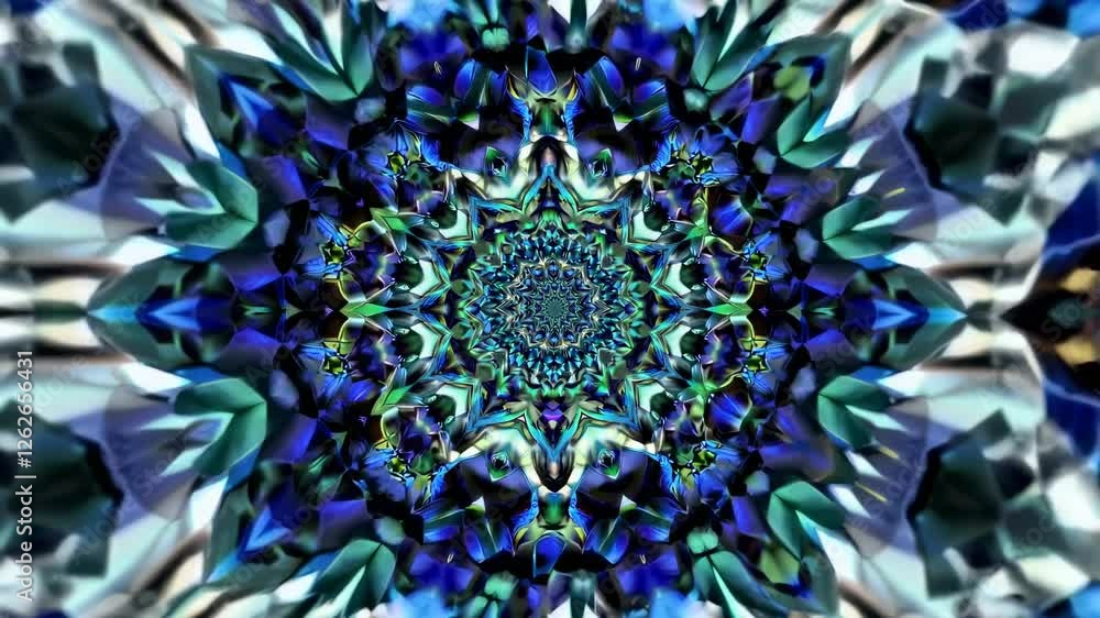 Kaleidoscopic video with a mesmerizing, symmetrical pattern in blue and green hues. Top-down angle enhances the hypnotic, geometric design.