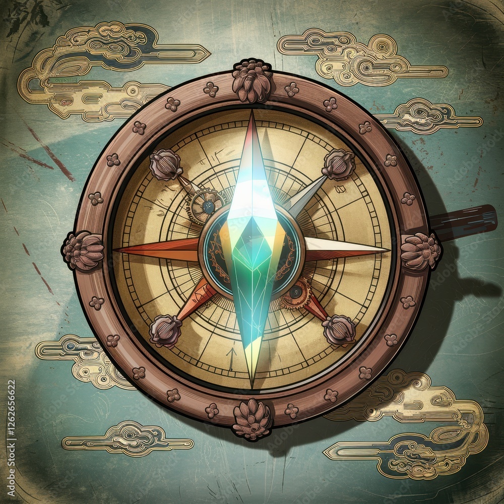 Obraz premium Intricate compass design with a glowing crystal centerpiece and ornate details