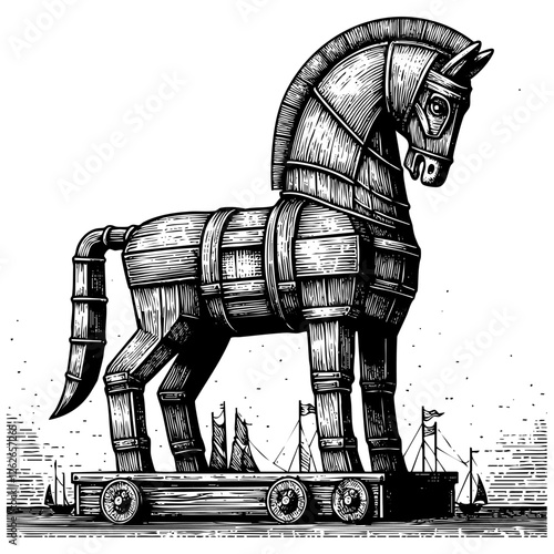 Trojan horse sketch engraving black and white outline. Scratch board imitation.
