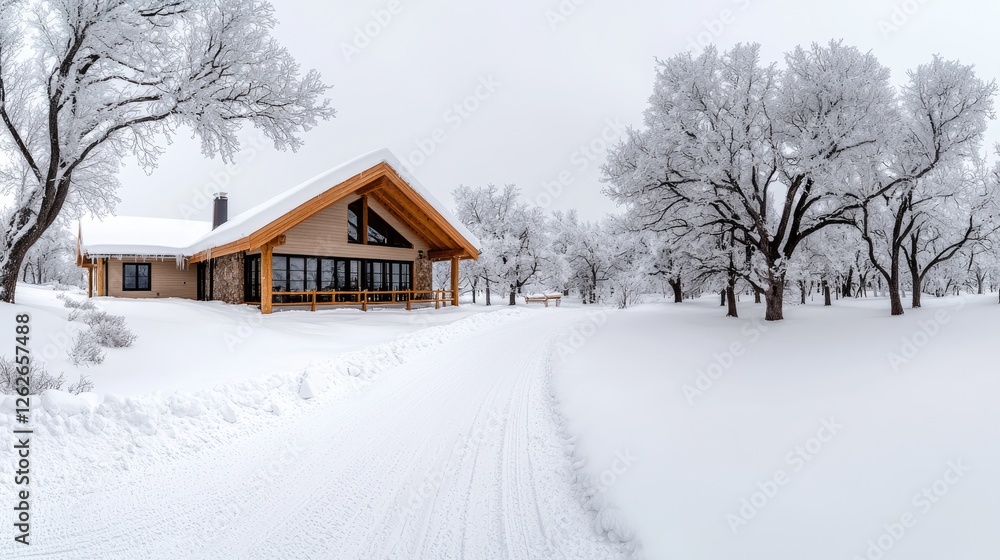 Snowy Cabin in a Winter Wonderland. Peaceful retreat amidst frosted trees. Possible use Stock photo for winter vacations, nature escapes Snowy Cabin in a Winter Wonderland. Peaceful retreat amidst frosted trees. Possible use Stock photo for winter vacations, nature escapes