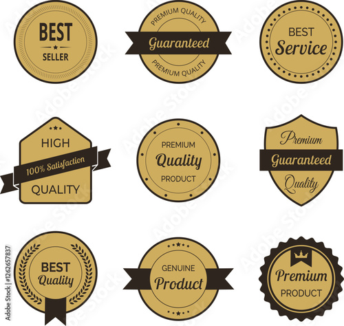 Vector illustration set of high quality label and badge in minimalist gold and black color. Includes premium, certified designs for seal and stamp. Perfect for trusted, genuine, and approved branding.