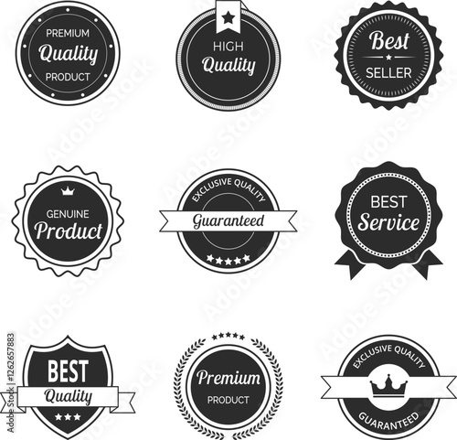 Vector illustration set of high quality labels and badges in vintage black color. Includes premium, certified designs for seals and stamps. Ideal to signify best standards and guaranteed quality.