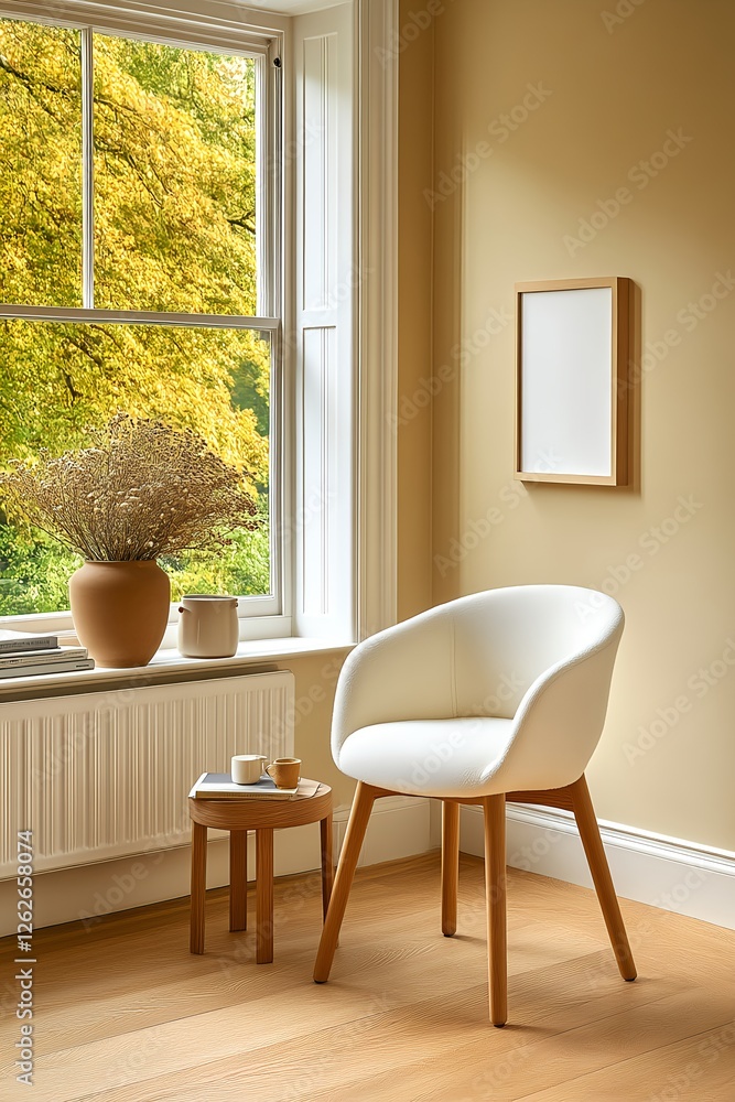 Fototapeta premium Cozy corner: White chair, autumn view, calm mood.