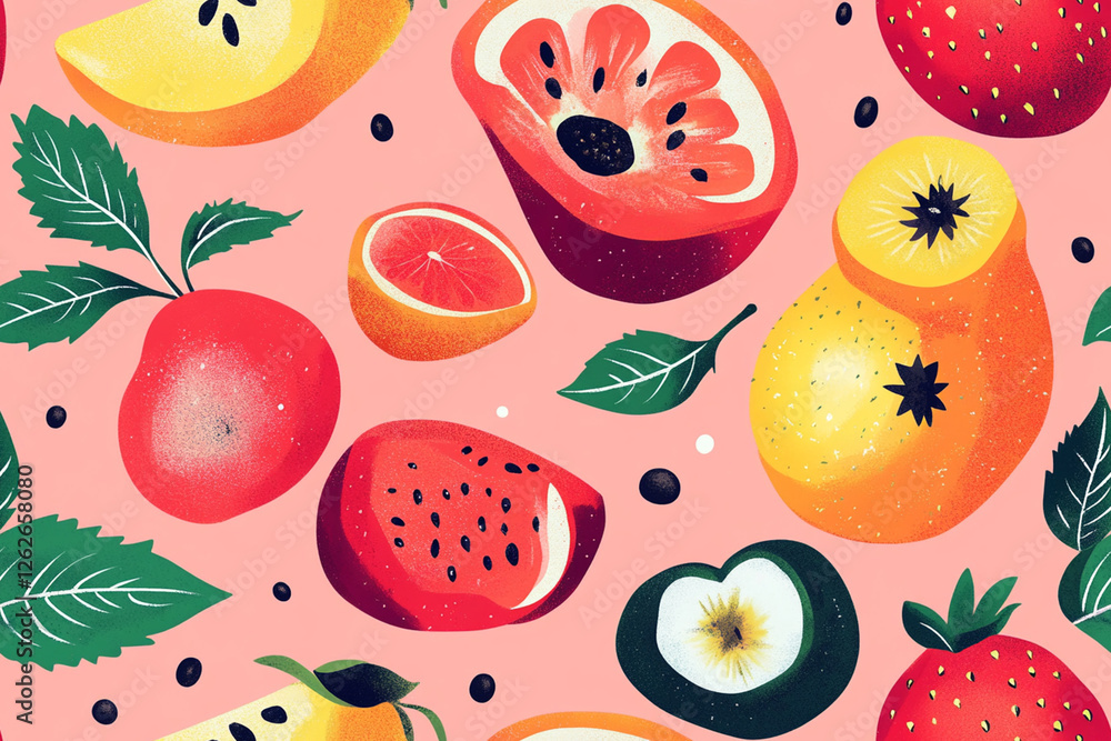 Bright and saturated fruits forming a beautiful pattern for a summer clothing collection, textures, patterns Bright and saturated fruits forming a beautiful pattern for a summer clothing collection, textures, patterns