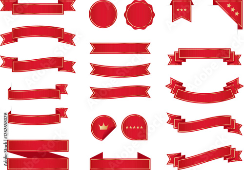 Set of red ribbon banners, tags and badges with reflective gradient finish. Luxury elements with blank space for premium product labels, exclusive promotions and special offers. Vector illustration.