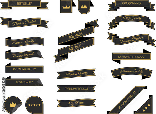 Set of stylish and minimal black and gold ribbons and banners. Includes Premium Product labels, Exclusive Quality badges and Best Seller ribbons. Isolated vector illustration designs