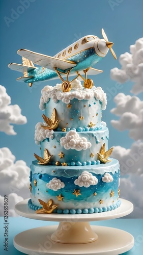 A three-tiered aviation-themed cake with vintage airplane topper and adorned with frosting fluffy clouds and golden birds. Cake design as a work of baking art