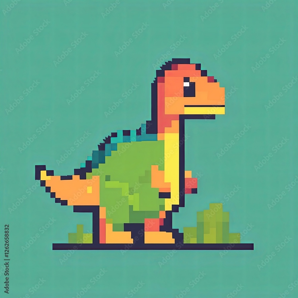 A charming pixel art dinosaur rendered in retro style, a cute and colorful character design. A charming pixel art dinosaur rendered in retro style, a cute and colorful character design.