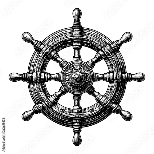 Ship helm sketch engraving black and white outline. Scratch board imitation. illustrated in vintage line art style on a white background.
