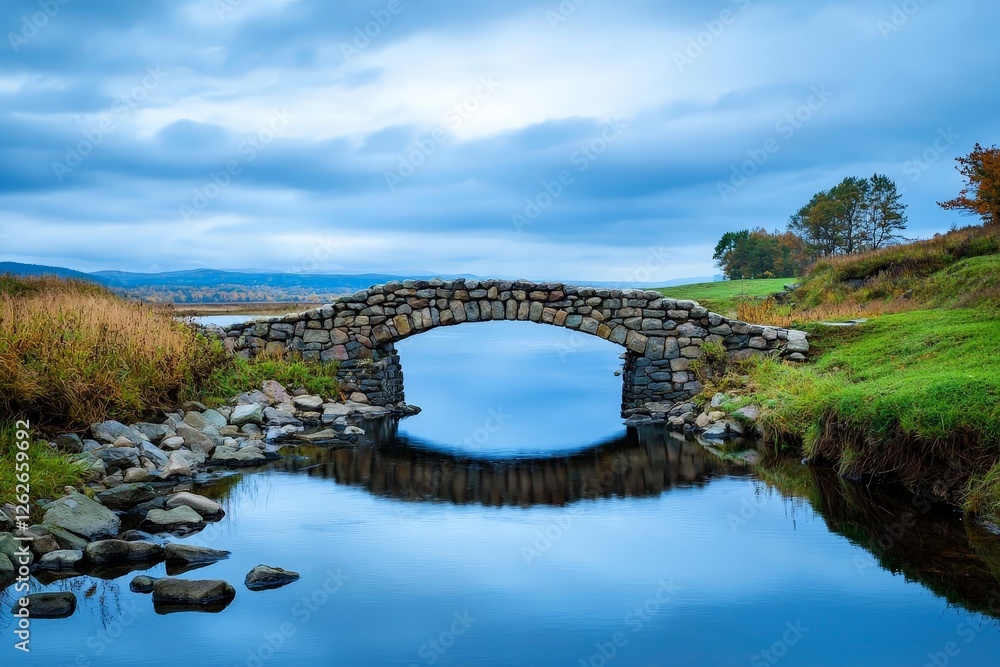 Fototapeta premium Ancient Stone Bridge Arching Over Slow Moving River Landscape