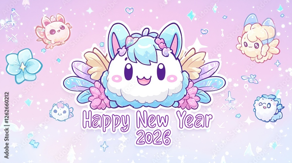 Futuristic Cartoon Logo Featuring Cute Characters for Happy New Year Celebration 2026 in Vibrant Pastel Colors Futuristic Cartoon Logo Featuring Cute Characters for Happy New Year Celebration 2026 in Vibrant Pastel Colors