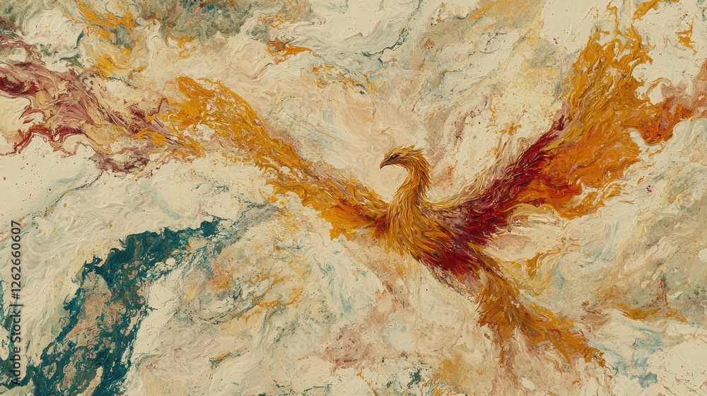 Fototapeta premium Mythical Phoenix Rising From Ashes Surrounded By Radiant Flames In Vivid Abstract Artwork
