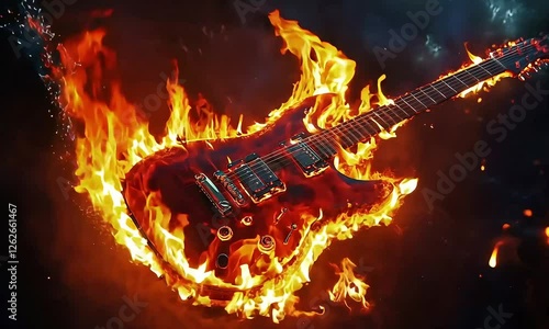 A Stunningly Detailed Image of a Guitar Engulfed in Flames, Symbolizing Intense Energy and Passion for Music