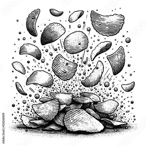 potato chips falling engraving black and white outline. Scratch board imitation.
