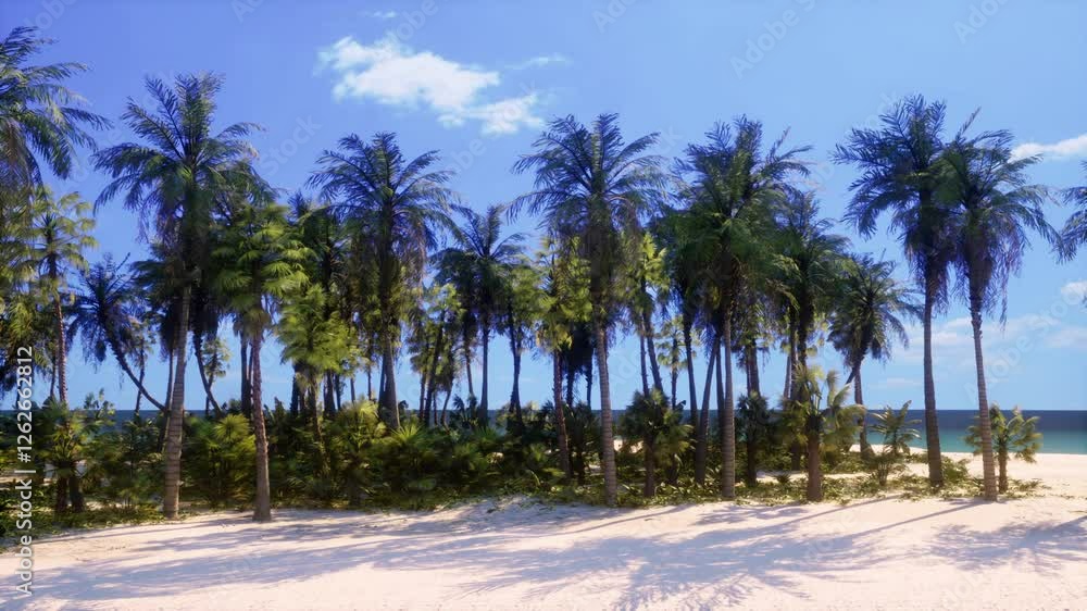 A row of palm trees sitting on top of a sandy beach