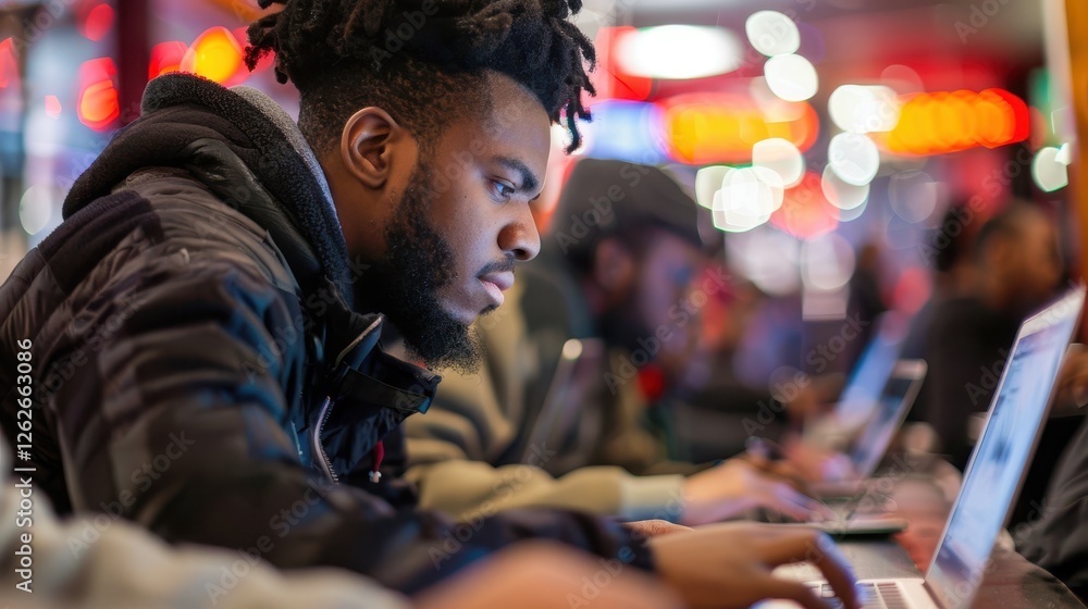 Obraz premium Man Working Remotely on Laptop in a Cozy Café