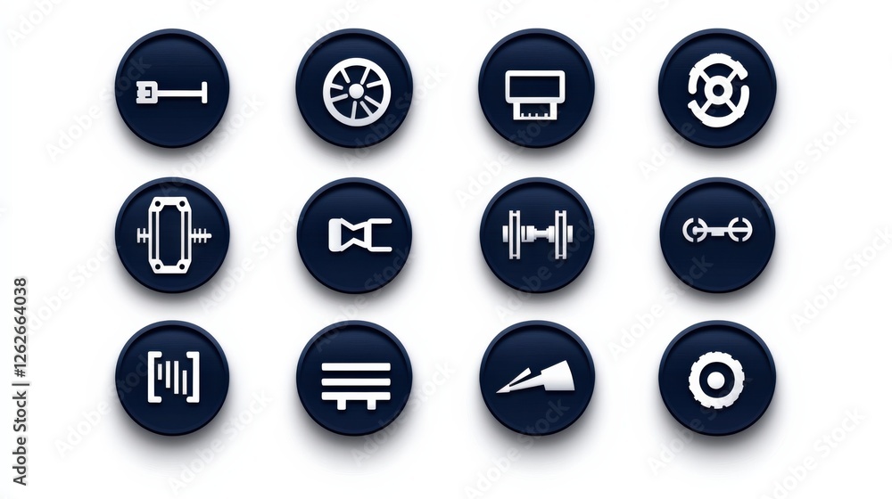 Collection of industrial icons showcasing various machinery components on a dark background Collection of industrial icons showcasing various machinery components on a dark background