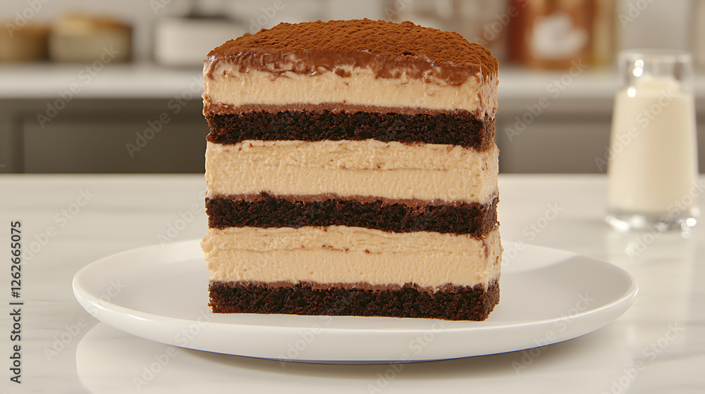 Decadent Multi Layered Chocolate Tiramisu Dessert on White Plate Featuring Milk Glass Backdrop Decadent Multi Layered Chocolate Tiramisu Dessert on White Plate Featuring Milk Glass Backdrop
