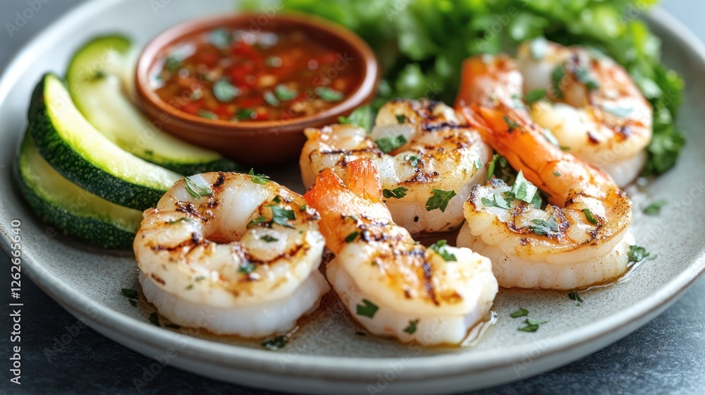 Grilled shrimp with zucchini and sauce on plate, fresh herbs, restaurant style Grilled shrimp with zucchini and sauce on plate, fresh herbs, restaurant style