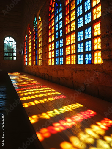 Stained glass church sunlight patterns floor
