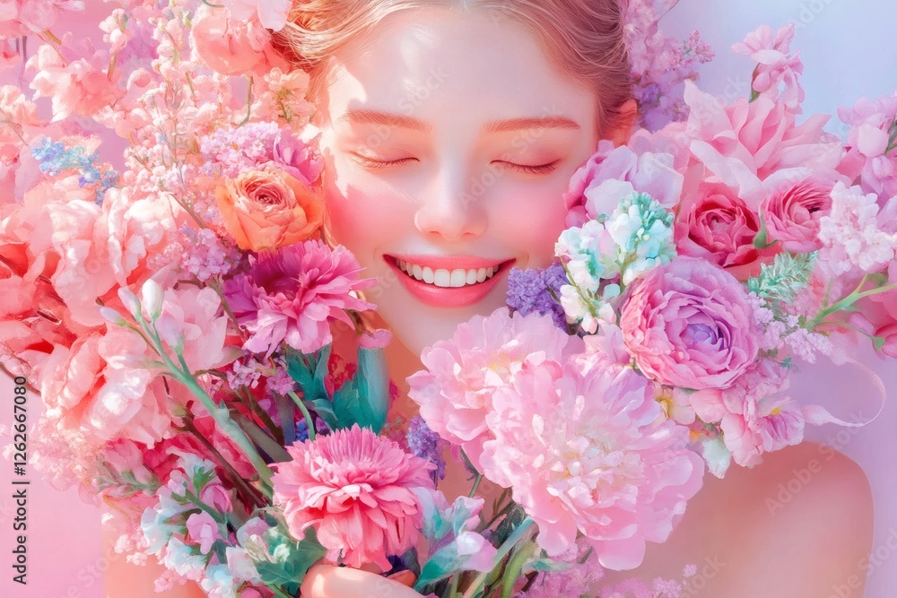 Smiling woman surrounded by a variety of colorful flowers in a soft pink setting during daylight Smiling woman surrounded by a variety of colorful flowers in a soft pink setting during daylight