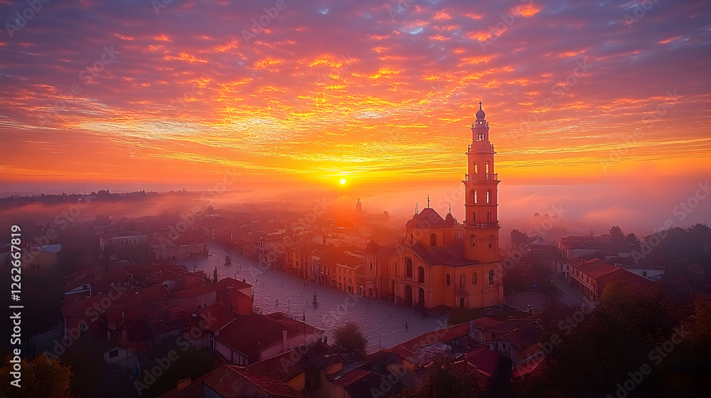 Naklejka premium Sunrise over foggy town square, church bell tower, Italian landscape, travel photography