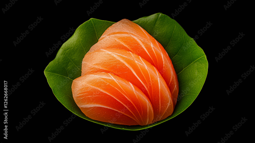 Delicious fresh salmon sashimi resting on a green leaf backdrop, highlighting vibrant colors and gourmet Japanese cuisine appeal. Delicious fresh salmon sashimi resting on a green leaf backdrop, highlighting vibrant colors and gourmet Japanese cuisine appeal.
